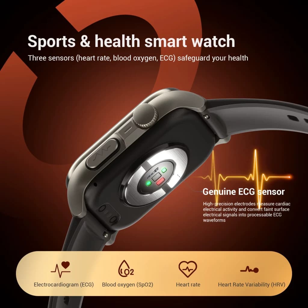 Blackview R70 Preto com sensor ECG genuíno, monitor de frequência cardíaca, SpO2 e pressão arterial; corpo metálico, botões laterais e pulseira esportiva