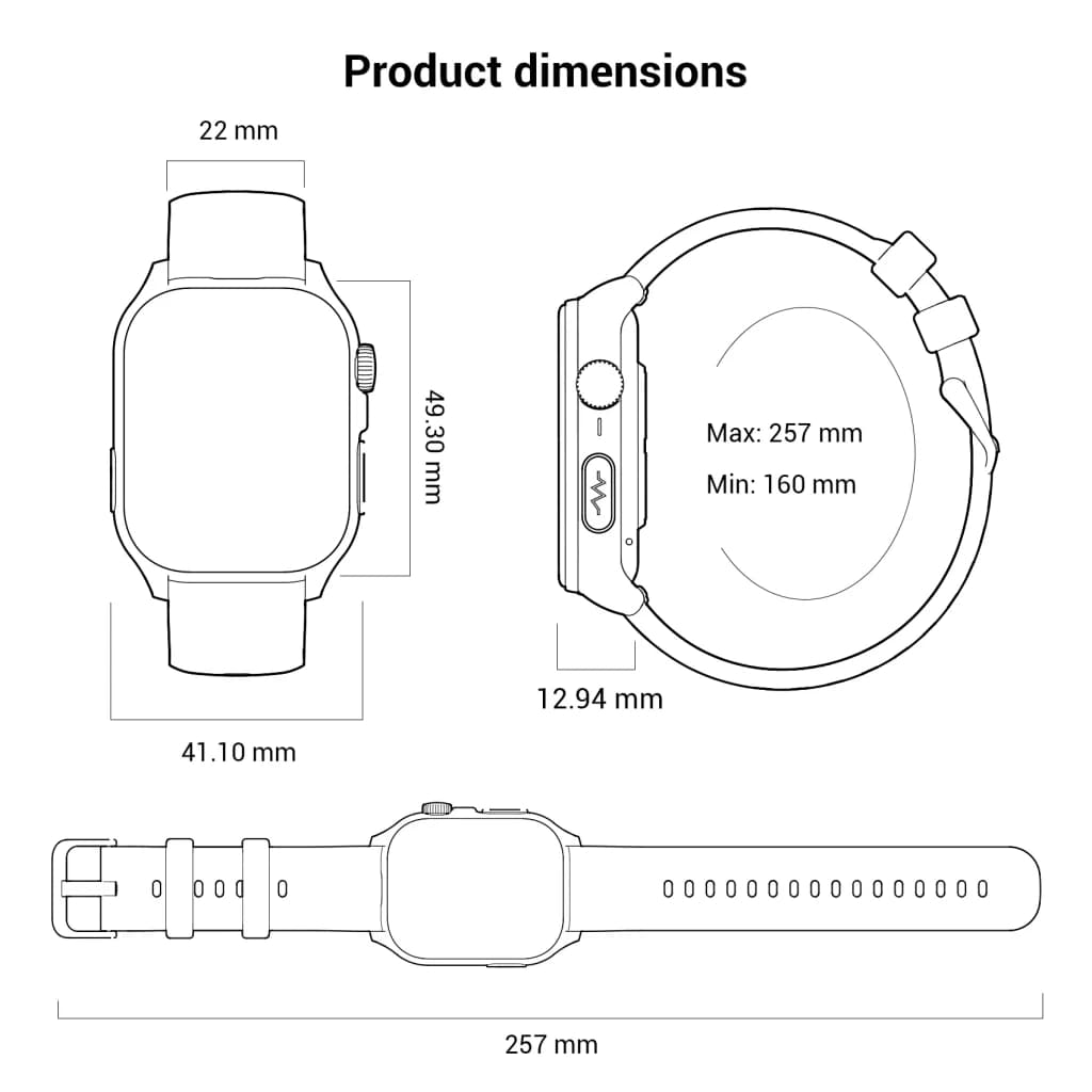 Blackview R70 Preto com caixa retangular, coroa lateral e botões, pulseira de 257 mm ajustável, mostrador amplo; perfil 12,94 mm, largura 41,10 mm, pulseira