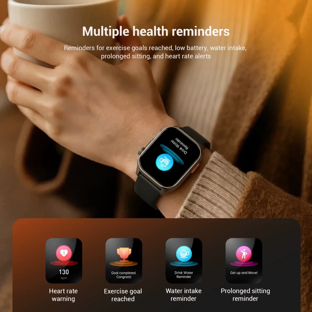 Blackview R70 Preto no pulso, mostrador retangular com pulseira de silicone, tela colorida exibindo alertas de saúde, ícones de frequência cardíaca, água