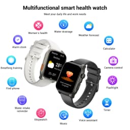 Blackview R70 Preto smartwatch com tela colorida, correias preta e branca, botões laterais, mostradores de clima e metas, ícones de chamadas e saúde
