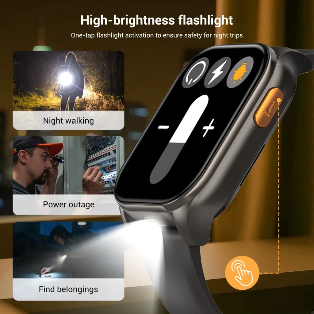 Blackview R70 Preto com lanterna de alto brilho, botão lateral laranja, tela retangular com ícones e pulseira preta; ideal para caminhar à noite e achar