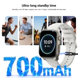 Blackview R70 Preto smartwatch com tela quadrada, pulseira branca, carregamento magnético, bateria 700mAh, mostrador 10:09 e ícones de chamadas e saúde