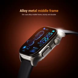Blackview R70 Preto com caixa metálica robusta, botões laterais texturizados e tela curva colorida que exibe batimentos, SpO2, pressão e chamadas Bluetooth