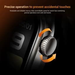 Coroa giratória do Blackview R70 Preto com ranhuras metálicas, setas laranja e tela curva; navegação precisa, menus rotativos e toque seguro mesmo com