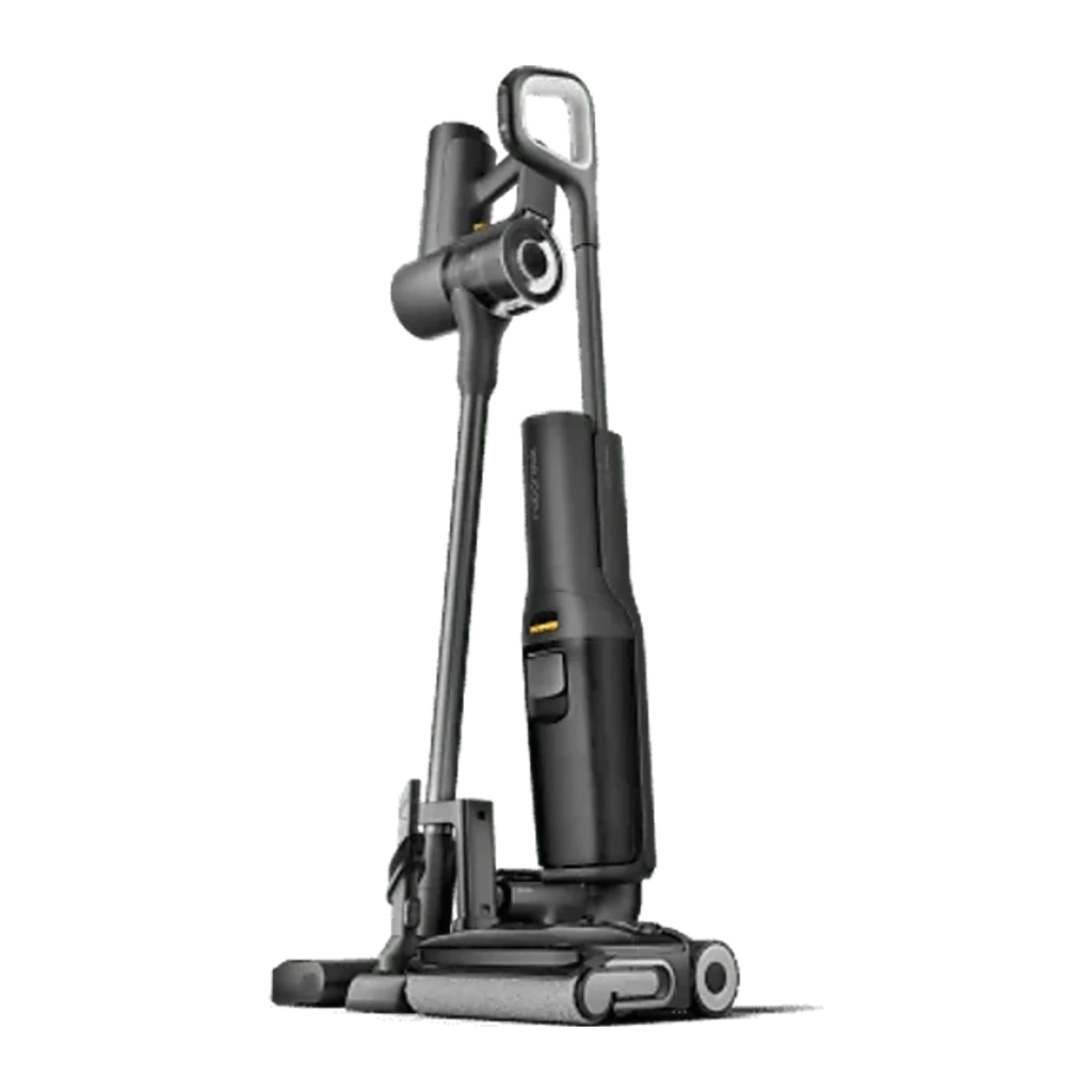 Roborock F25 ACE Combo 4Ah negro, vista lateral: aspiradora en base de autolavado junto a accesorio en seco - Ítem1