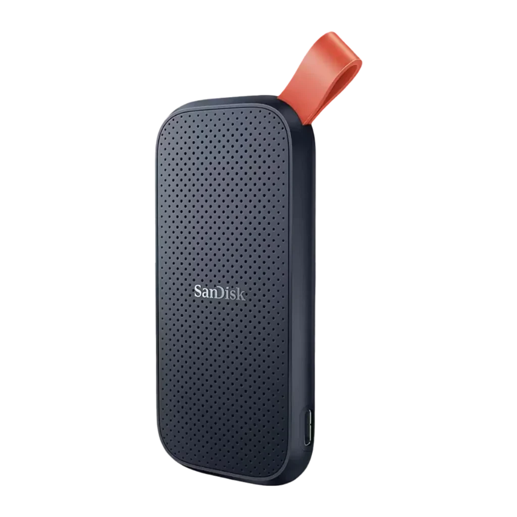 SanDisk SSD Portable V2 2TB preto, vista frontal: superfície texturizada com pontos, logo e alça laranja - Item1