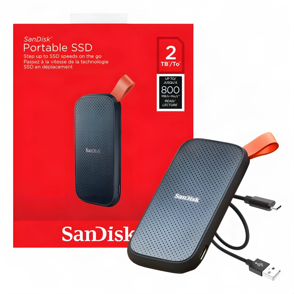 SanDisk SSD Portable V2 2TB preto, vista frontal: superfície texturizada com pontos, logo e alça laranja - Item3
