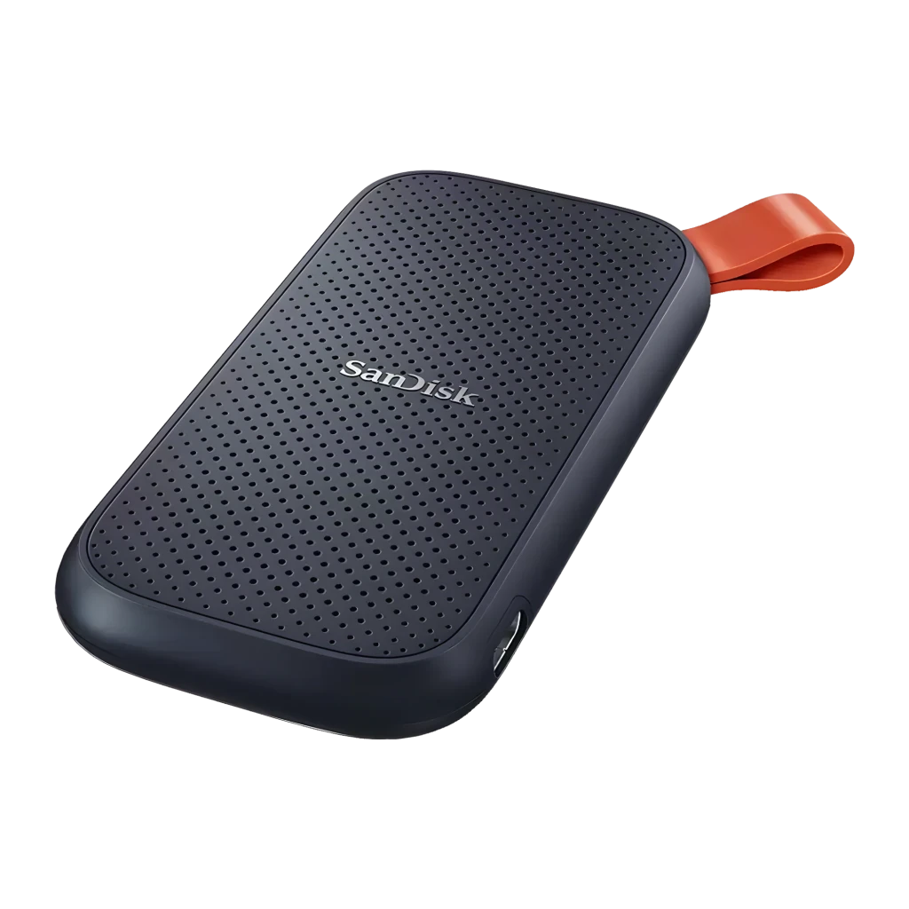 SanDisk SSD Portable V2 2TB preto, vista frontal: superfície texturizada com pontos, logo e alça laranja - Item2