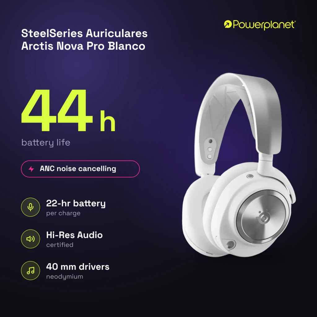 SteelSeries Arctis Nova Pro Branco, vista lateral: concha metálica com logo, arco acolchoado e botões laterais - Item8