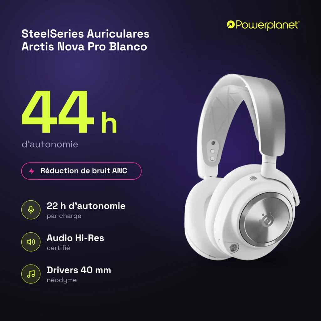 SteelSeries Arctis Nova Pro Branco, vista lateral: concha metálica com logo, arco acolchoado e botões laterais - Item7