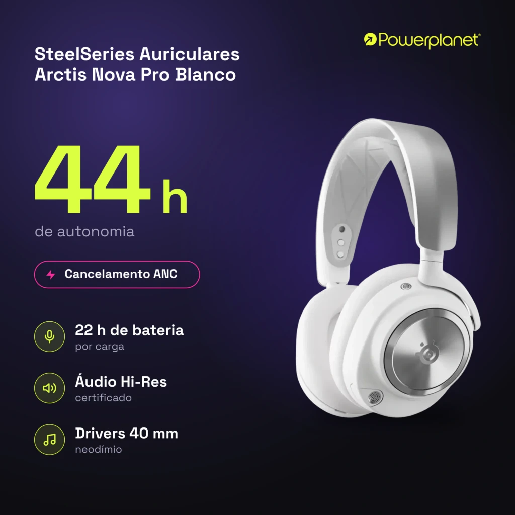 SteelSeries Arctis Nova Pro Branco, vista lateral: concha metálica com logo, arco acolchoado e botões laterais - Item6