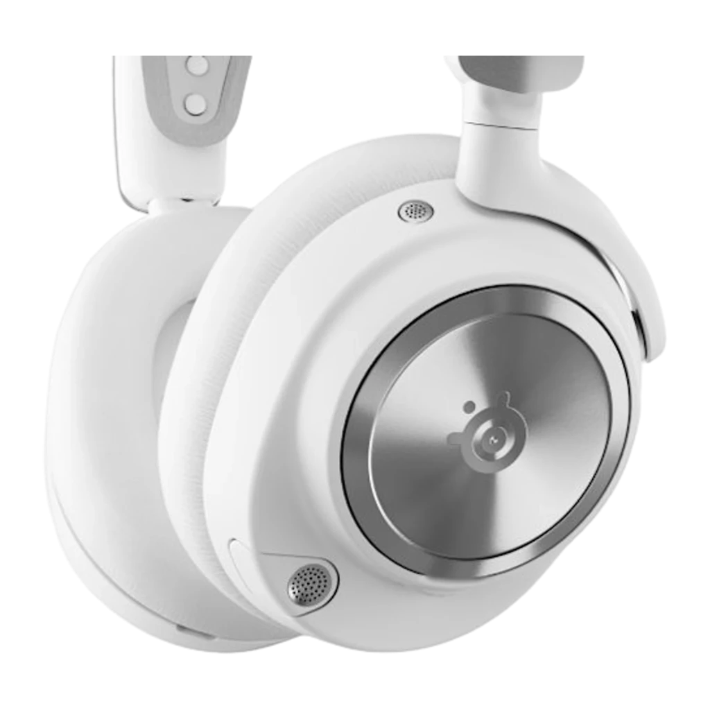 SteelSeries Arctis Nova Pro Branco, vista lateral: concha metálica com logo, arco acolchoado e botões laterais - Item2