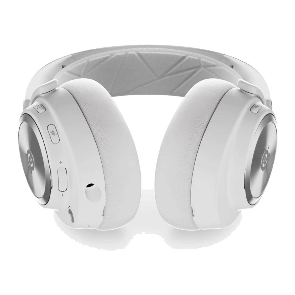 SteelSeries Arctis Nova Pro Branco, vista lateral: concha metálica com logo, arco acolchoado e botões laterais - Item1