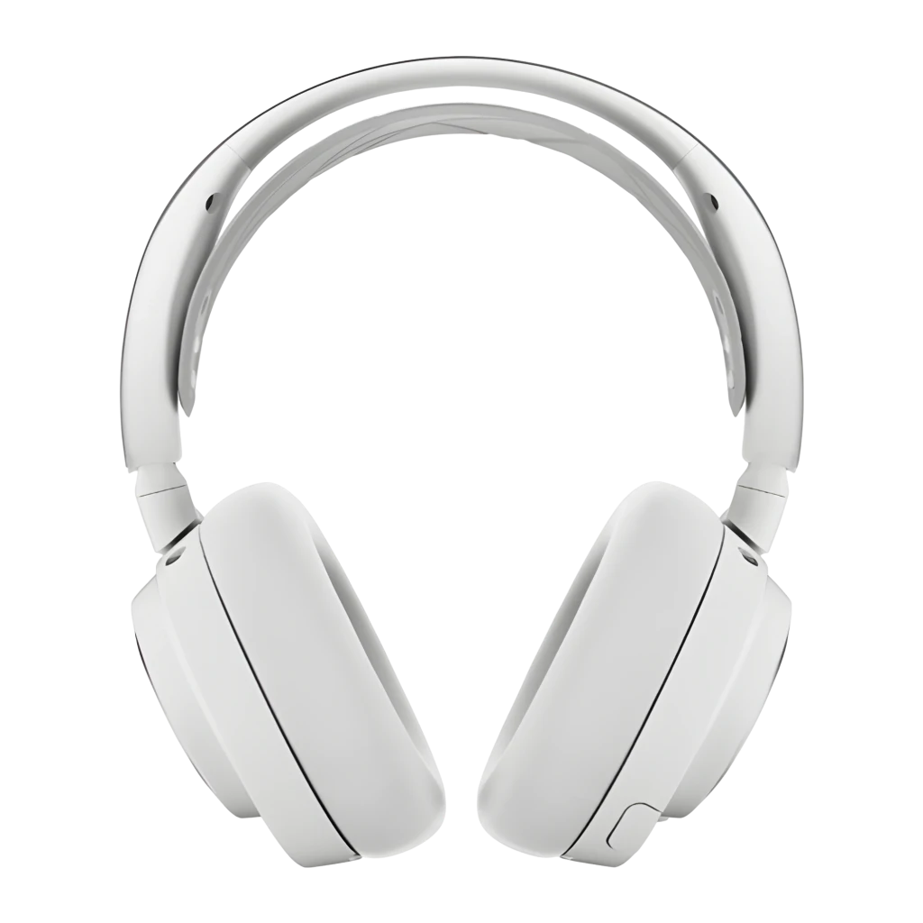 SteelSeries Arctis Nova Pro Branco, vista lateral: concha metálica com logo, arco acolchoado e botões laterais - Item3