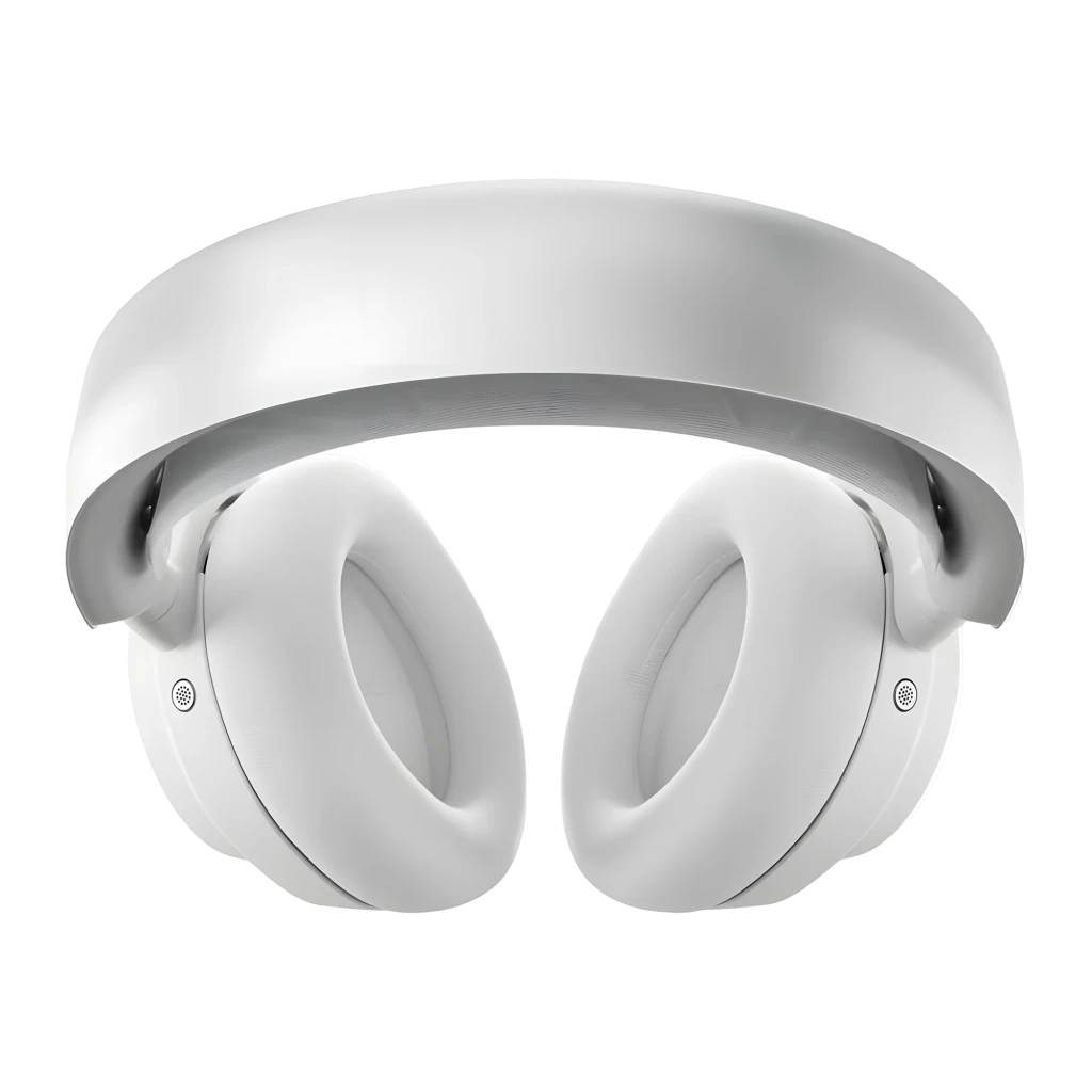 SteelSeries Arctis Nova Pro Branco, vista lateral: concha metálica com logo, arco acolchoado e botões laterais - Item4