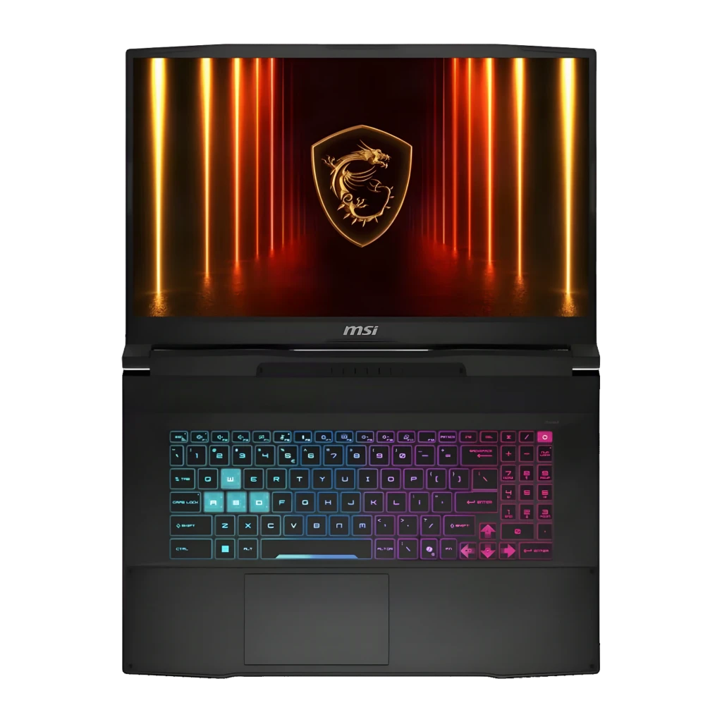 MSI Portatil 17-221XES 1TB negro, vista frontal: pantalla con logo dragón y teclado RGB multicolor - Ítem2