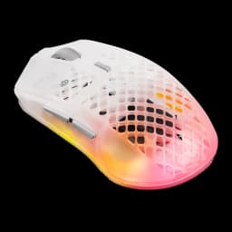 SteelSeries Aerox 3 Wireless Gen 2 branco, vista superior em ângulo: carcaça perfurada com iluminação RGB degradê