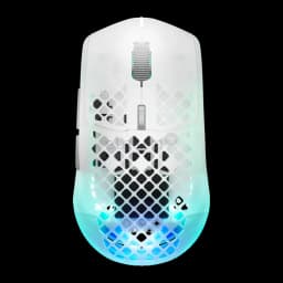 SteelSeries Aerox 3 Wireless Gen 2 branco, vista superior: carcaça perfurada com iluminação RGB azul na base