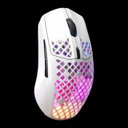 SteelSeries Aerox 3 Wireless Gen 2 branco, vista lateral direita: carcaça perfurada com iluminação RGB multicolor visível