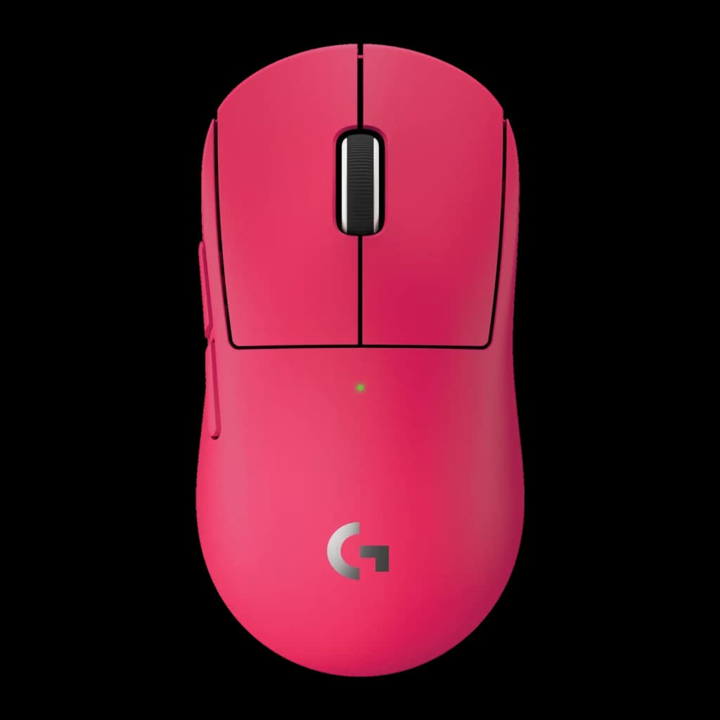 Logitech G Pro X Superlight 2 rosa, vista superior: cuerpo liso, rueda negra central y logo G plateado