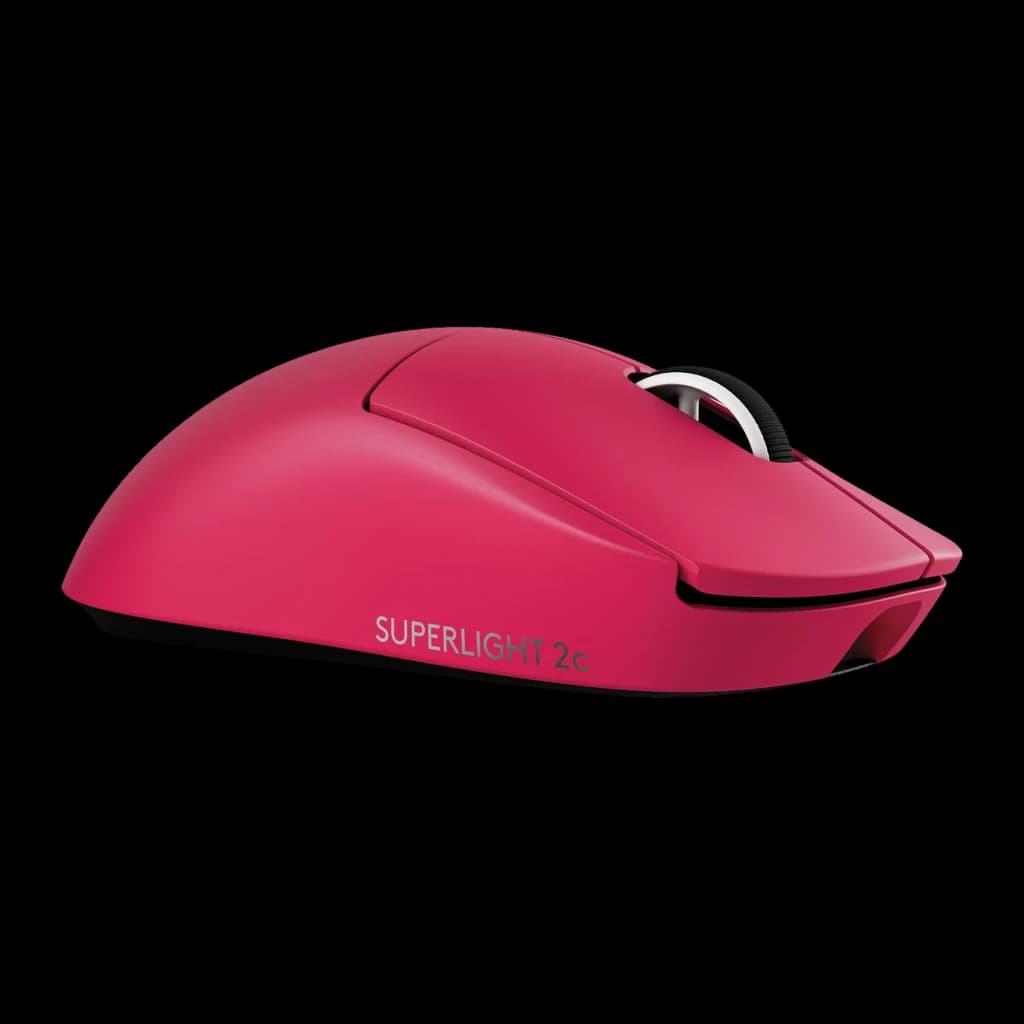 Logitech G Pro X Superlight 2 rosa, vista lateral: cuerpo liso con logo SUPERLIGHT 2 y rueda negra
