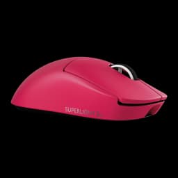 Logitech G Pro X Superlight 2 rosa, vista lateral: cuerpo liso con logo SUPERLIGHT 2 y rueda negra