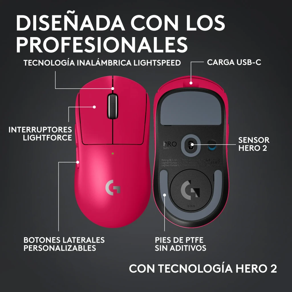 Logitech G Pro X Superlight 2 rosa, vista superior: cuerpo liso, rueda negra central y logo G plateado - Ítem2