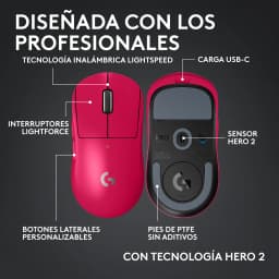 Logitech G Pro X Superlight 2 rosa, infografía: vista superior e inferior con sensor HERO 2, switches LightForce y pies PTFE