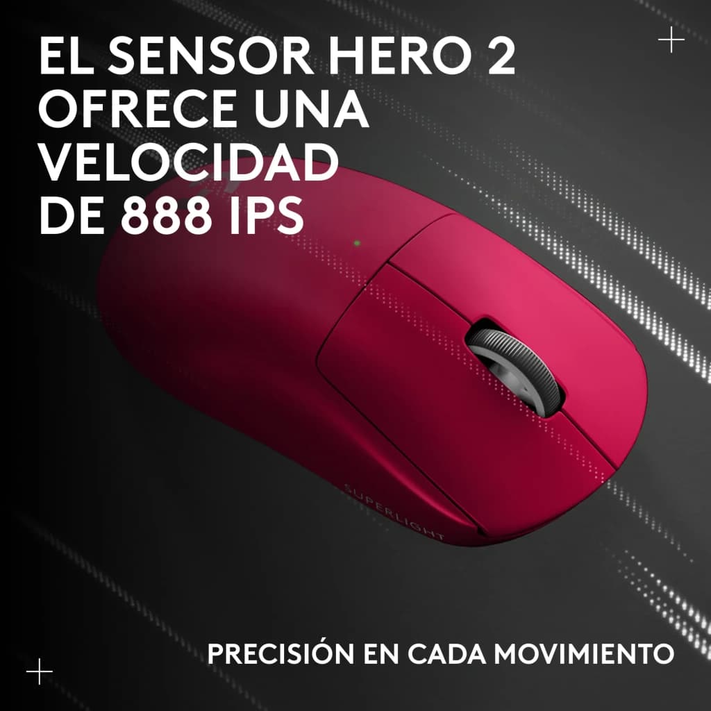 Logitech G Pro X Superlight 2 rojo, vista superior en ángulo: sensor HERO 2 888 IPS, rueda negra y texto Superlight