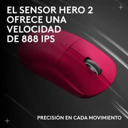 Logitech G Pro X Superlight 2 rojo, vista superior en ángulo: sensor HERO 2 888 IPS, rueda negra y texto Superlight