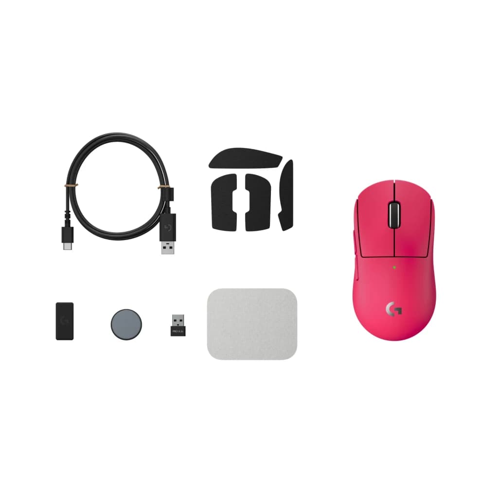 Logitech G Pro X Superlight 2 rosa, contenido de caja: ratón, cable USB-C, receptor, pies y alfombrilla