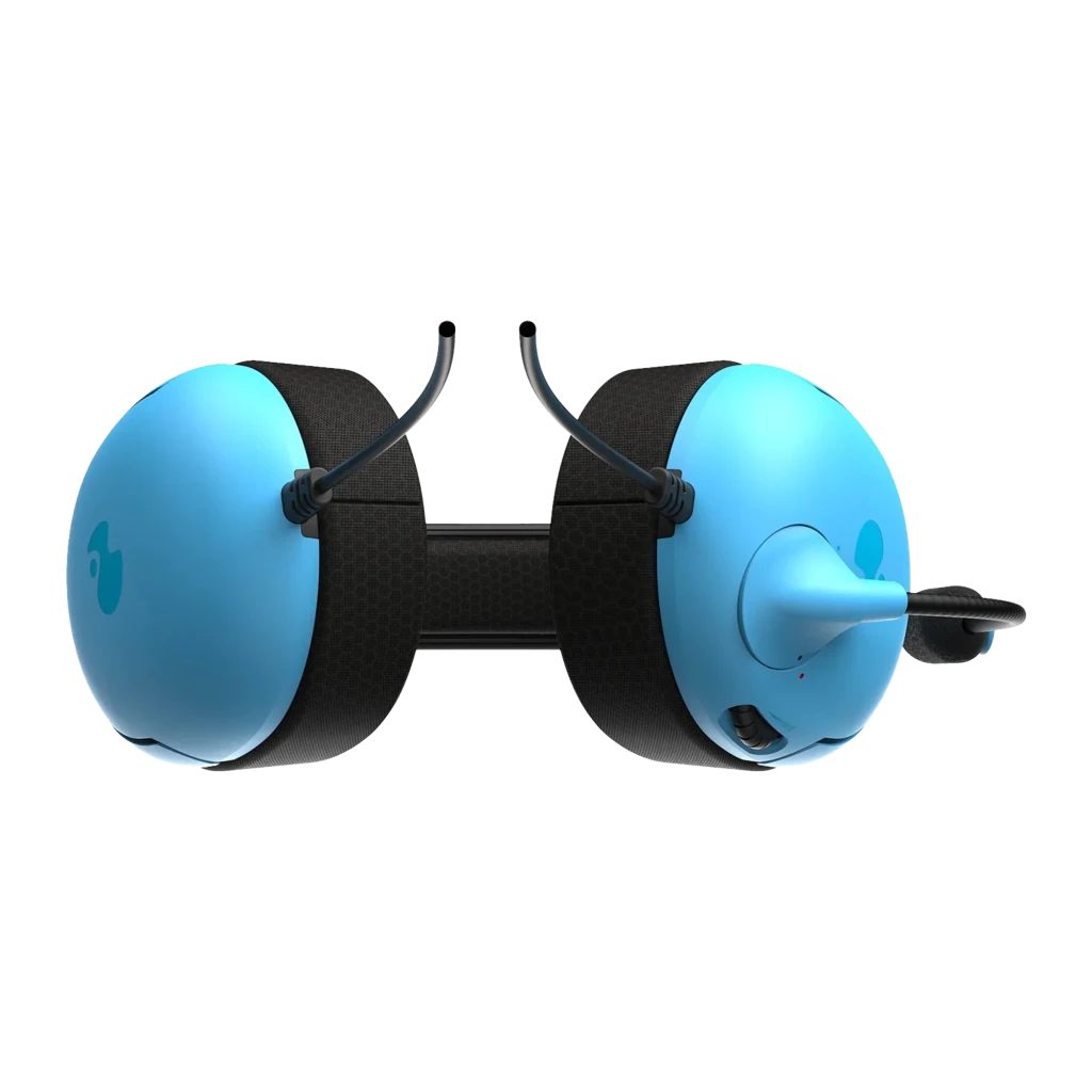 PDP Auriculares Airlite Azul, vista lateral: auricular con micrófono flexible, almohadillas negras y carcasa azul con logo - Ítem2