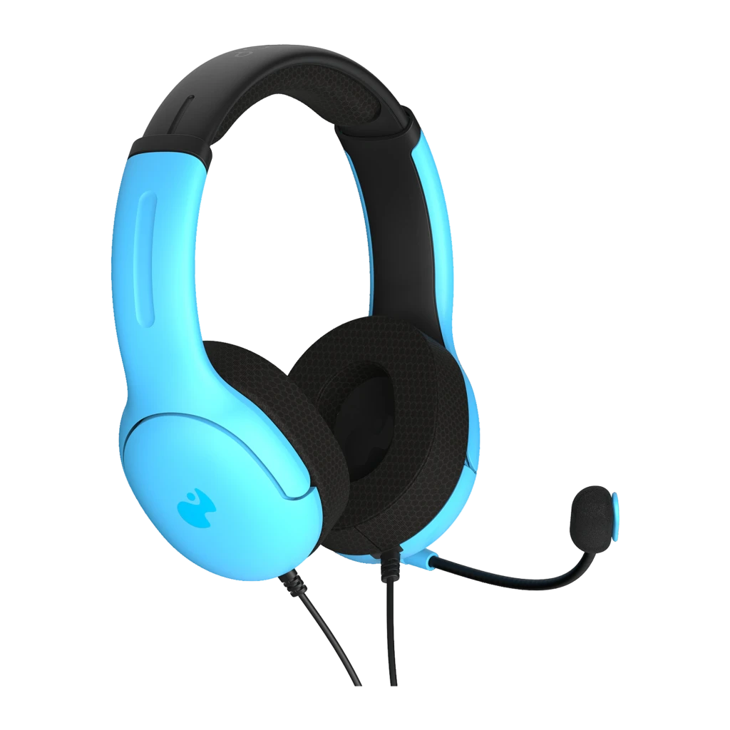 PDP Auriculares Airlite Azul, vista lateral: auricular con micrófono flexible, almohadillas negras y carcasa azul con logo - Ítem3