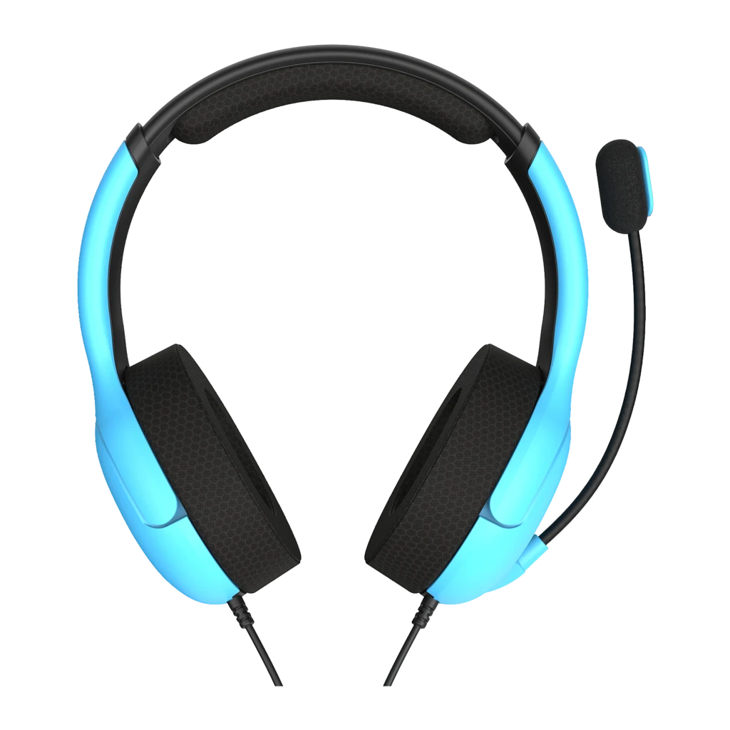 PDP Auriculares Airlite Azul, vista lateral: auricular con micrófono flexible, almohadillas negras y carcasa azul con logo - Ítem4