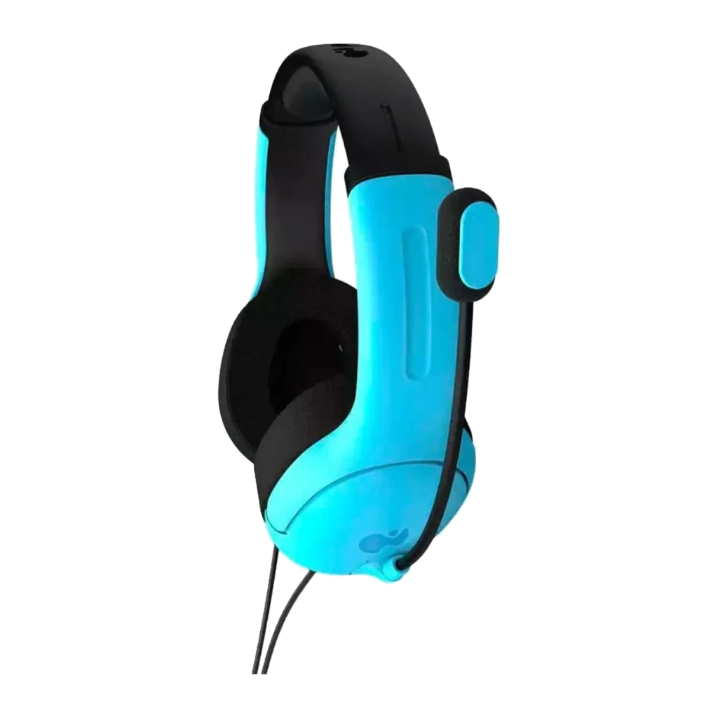PDP Auriculares Airlite Azul, vista lateral: auricular con micrófono flexible, almohadillas negras y carcasa azul con logo - Ítem1