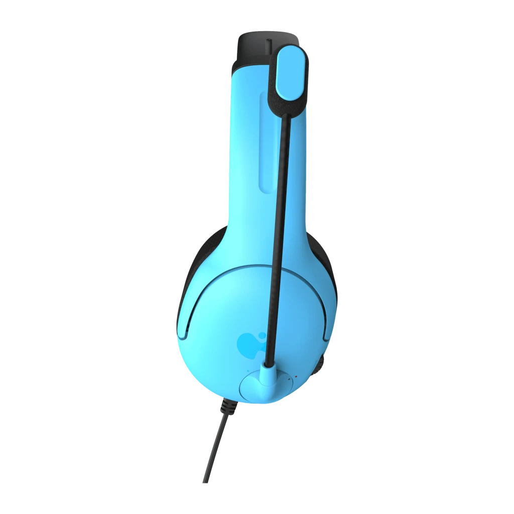 PDP Auriculares Airlite Azul, vista lateral: auricular con micrófono flexible, almohadillas negras y carcasa azul con logo - Ítem5