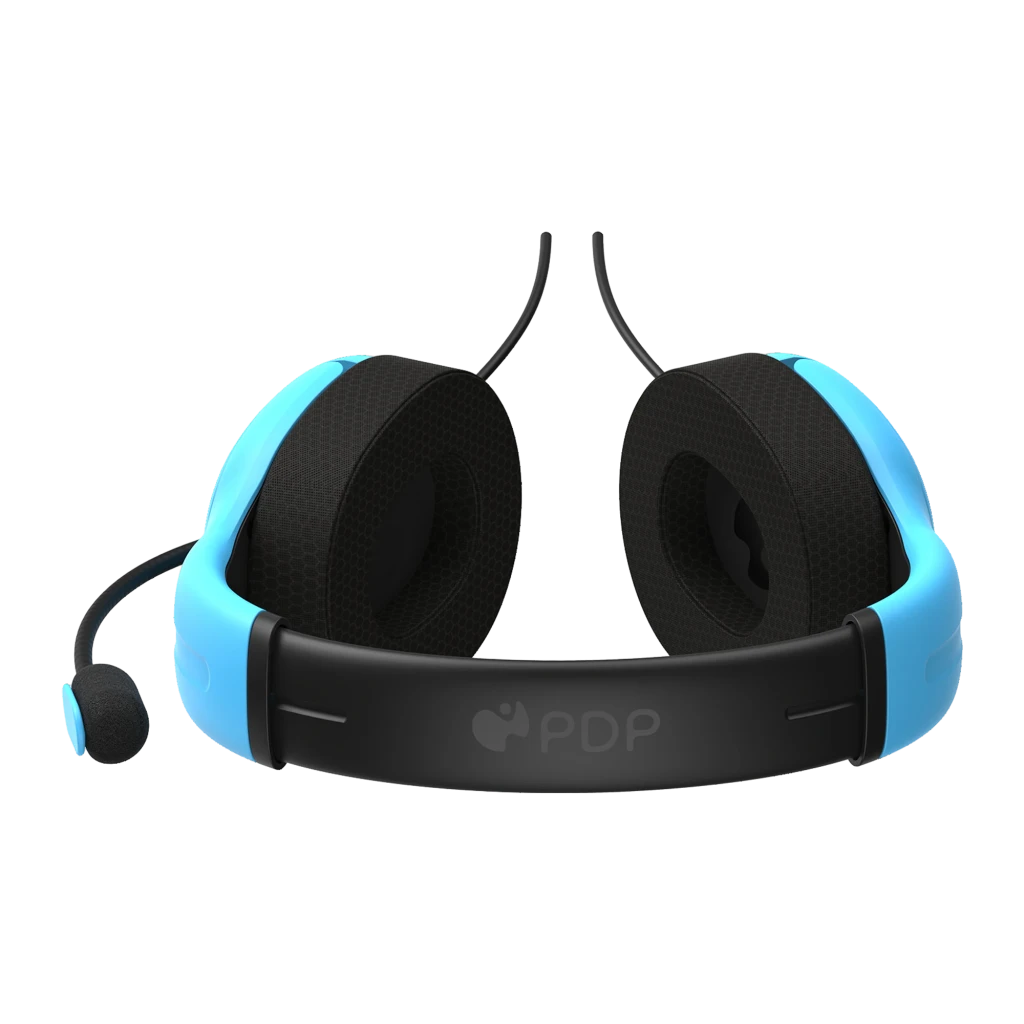 PDP Auriculares Airlite Azul, vista lateral: auricular con micrófono flexible, almohadillas negras y carcasa azul con logo - Ítem6