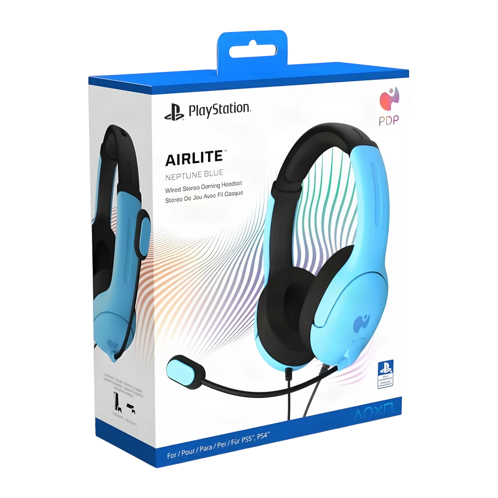 PDP Auriculares Airlite Azul, vista lateral: auricular con micrófono flexible, almohadillas negras y carcasa azul con logo - Ítem7