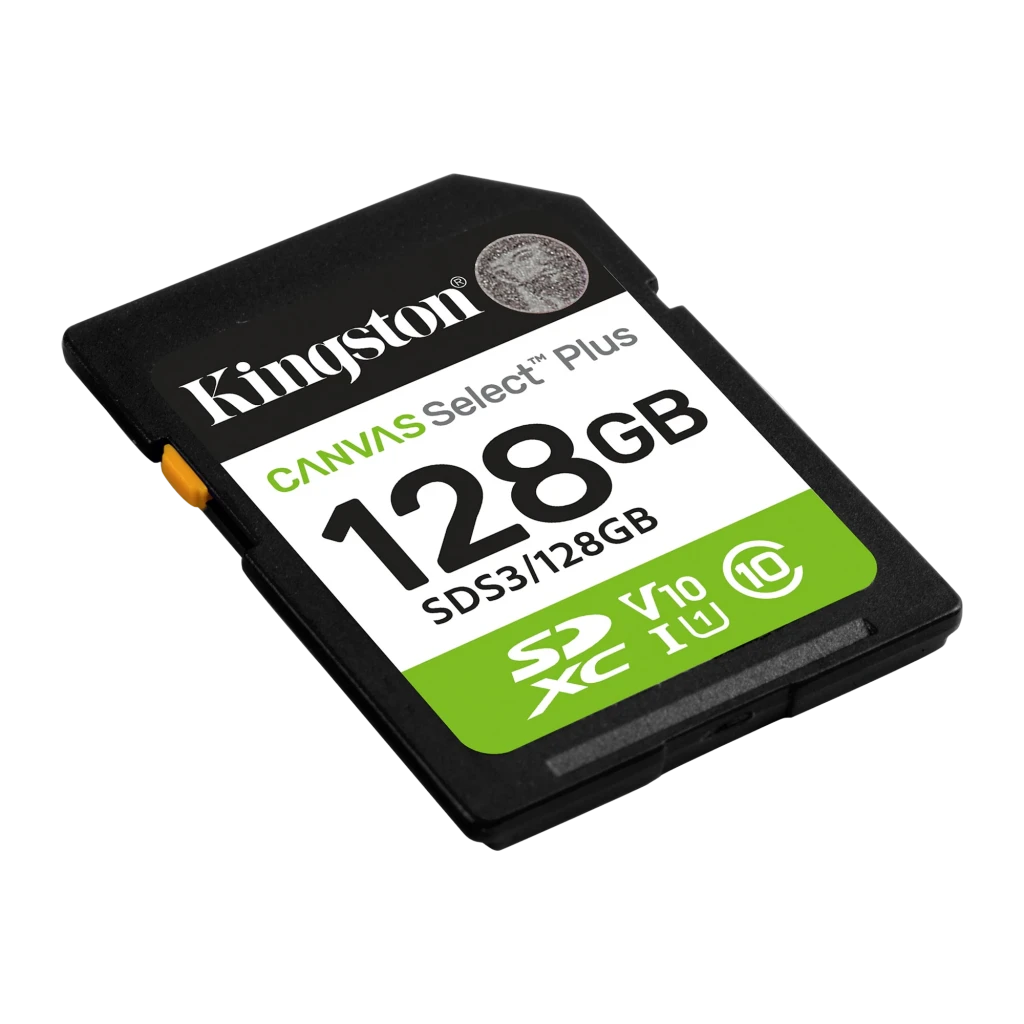 Kingston Canvas Select Plus SDXC 128GB verde negro blanco, vista frontal: etiqueta con capacidad, iconos SDXC V10 U1 - Ítem1