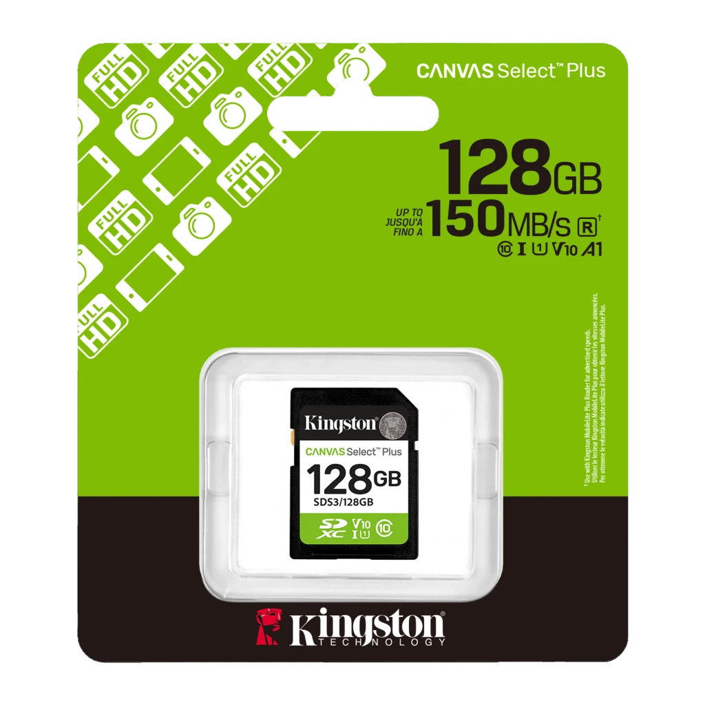 Kingston Canvas Select Plus SDXC 128GB verde negro blanco, vista frontal: etiqueta con capacidad, iconos SDXC V10 U1 - Ítem2