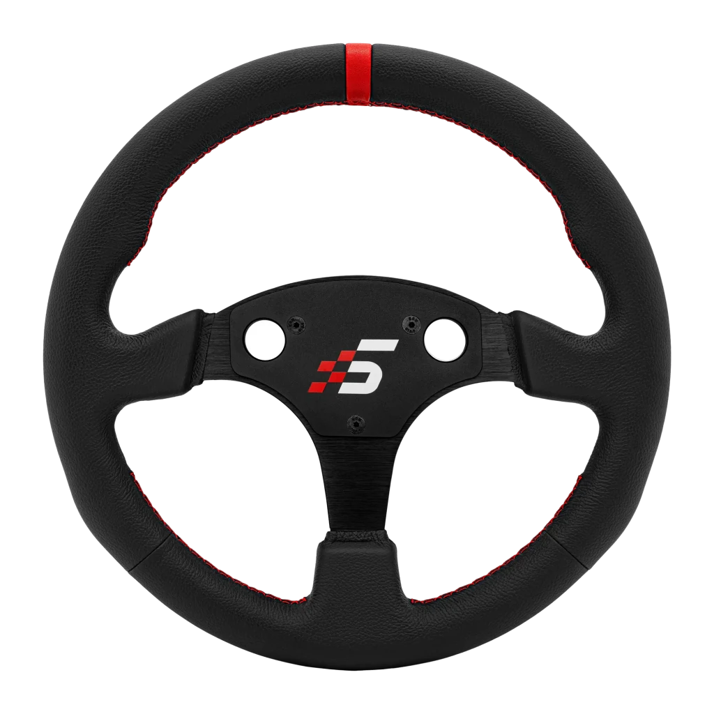 Simagic P-330R 330mm preto, vista frontal: aro de couro com costuras vermelhas, faixa vermelha a 12h e logo S no cubo