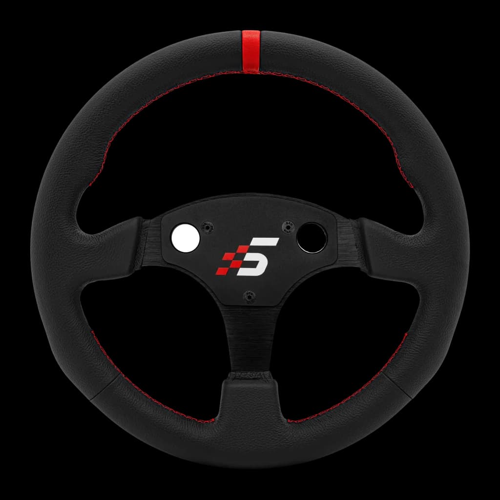 Simagic P-330R 330mm preto, vista frontal: aro de couro com costuras vermelhas, faixa vermelha a 12h e logo S no cubo