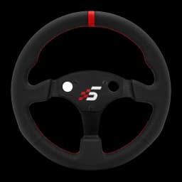 Simagic P-330R 330mm preto, vista frontal: aro de couro com costuras vermelhas, faixa vermelha a 12h e logo S no cubo