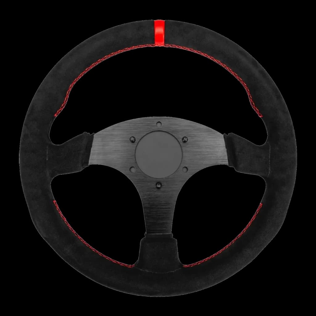 Simagic Volante P-330R 330mm preto, vista frontal: aro em camurça com costuras vermelhas, marcador vermelho a 12h e cubo