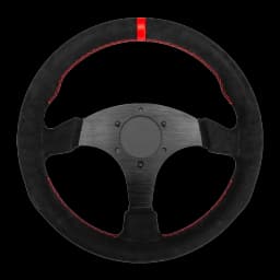 Simagic Volante P-330R 330mm preto, vista frontal: aro em camurça com costuras vermelhas, marcador vermelho a 12h e cubo