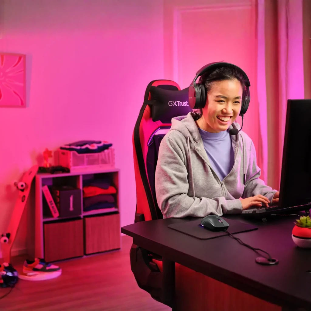 Trust Ratón Gaming GXT 925 Redex II negro, uso: jugadora sonriente en setup rosa con ratón sobre mousepad