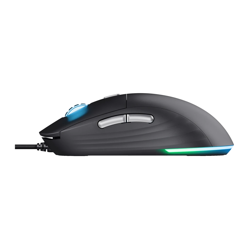 Trust Ratón Gaming GXT 925 Redex II negro, vista lateral: iluminación RGB en base, botones laterales plateados y scroll