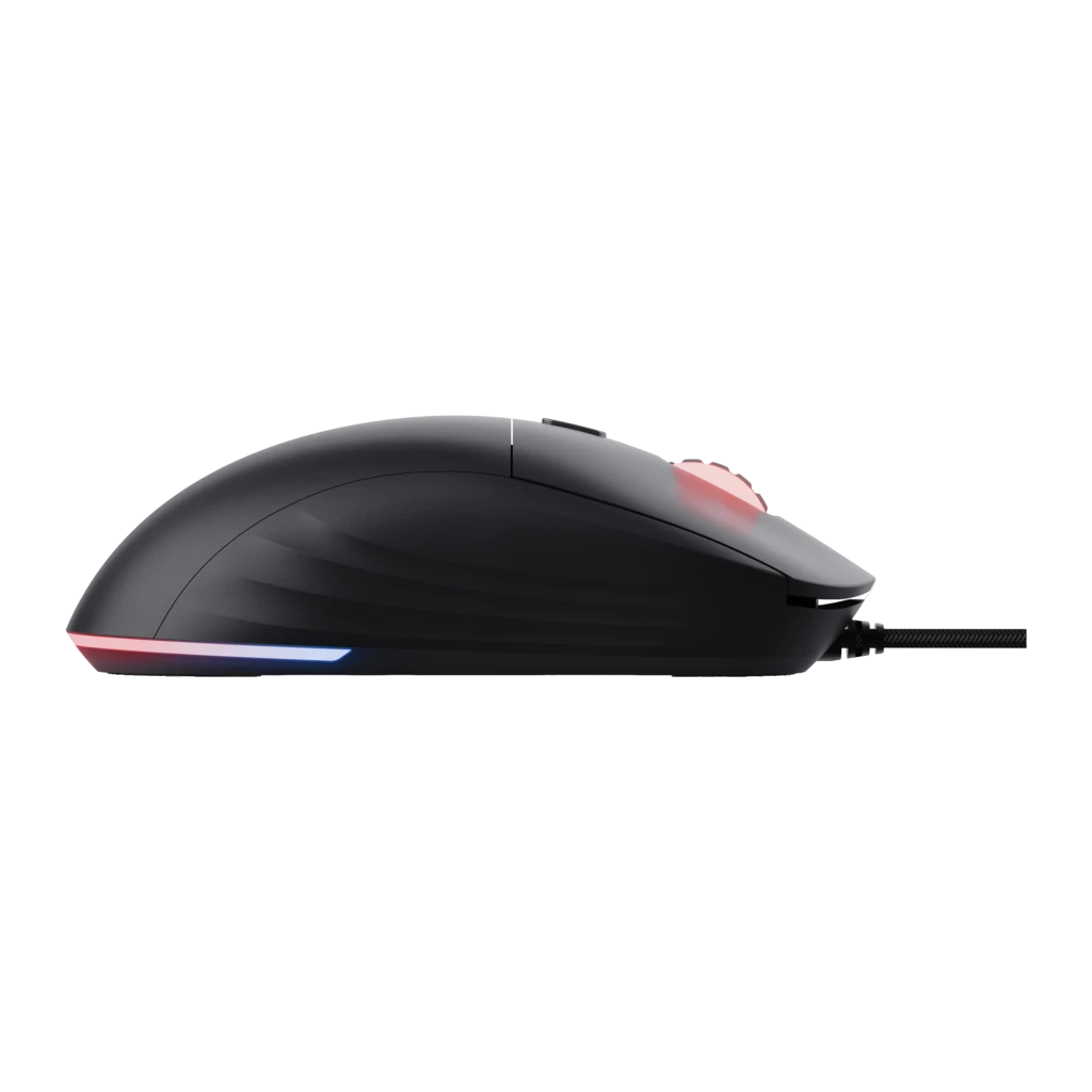 Trust Ratón Gaming GXT 925 Redex II negro, vista lateral: perfil ergonómico, rueda iluminada en rojo y RGB en la base