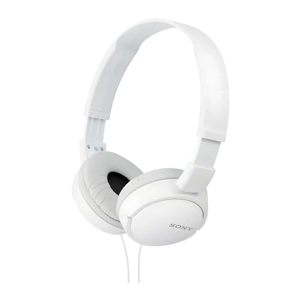 Sony Auriculares MDR-ZX110 Blanco, vista lateral: diadema, almohadillas y logo Sony visibles sobre fondo negro