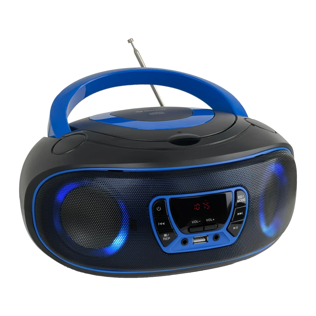 Denver TDB-212BU azul, vista em ângulo: altifalantes com luz LED azul, pega, antena e display vermelho visíveis